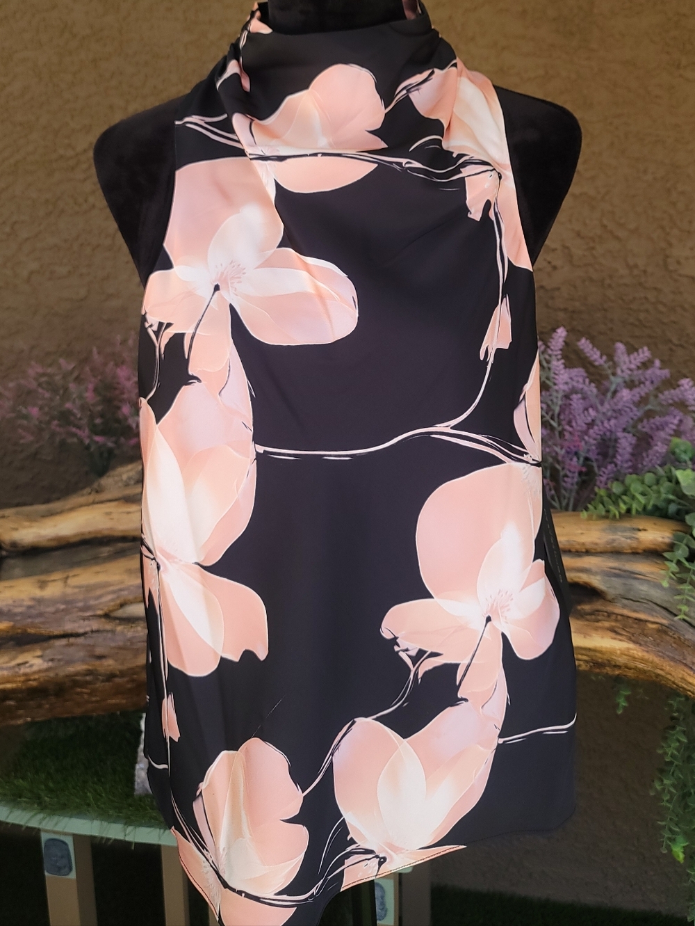 Donna KARAN New York Black Halter Blouse with Peach Floral Print - Picture 3 of 16
